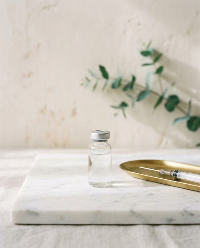 A single glass vial and syringe on white marble in soft daylight